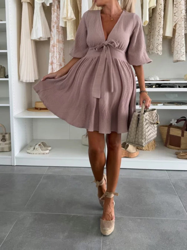 Robe courte grossesse nœud papillon trapèze café