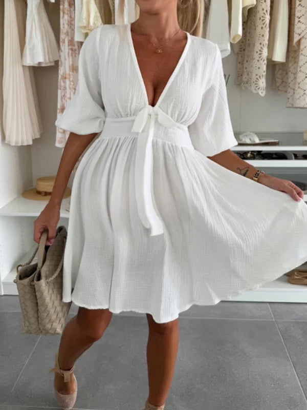 Robe courte grossesse nœud papillon trapèze blanche