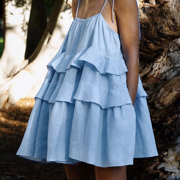 Robe courte grossesse froufrou dos nu spaghettiträger bleu