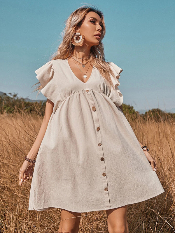 Robe courte grossesse volants boutonnage khaki