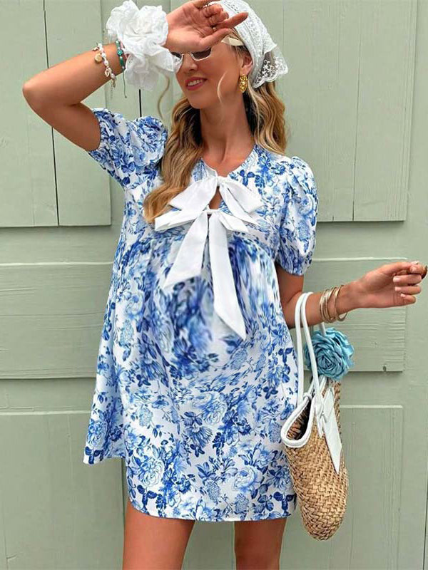 Robes courte grossesse imprimé fleurie bleu