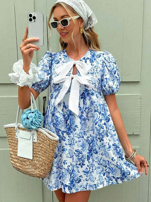 Robes courte grossesse imprimé fleurie bleu