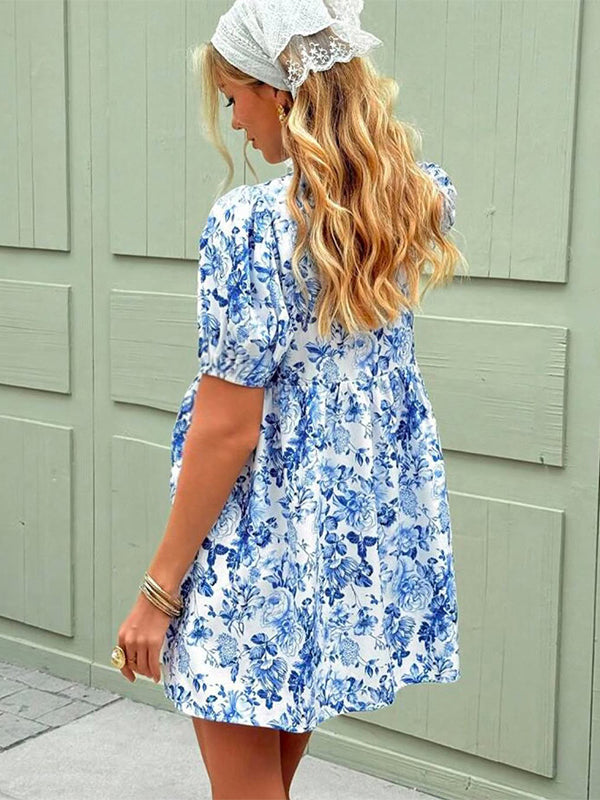 Robes courte grossesse imprimé fleurie bleu