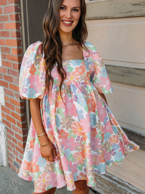 Beaumama robe courte grossesse imprimé fleurie trapèze rose