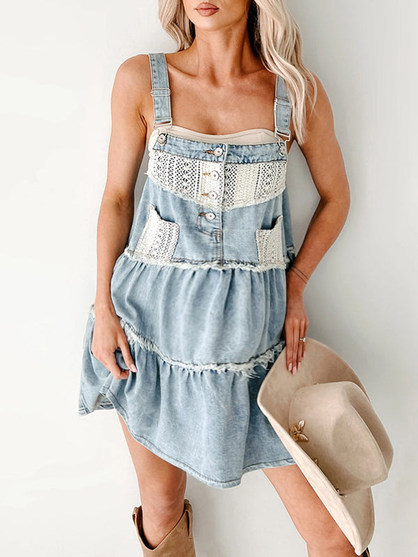 Beaumama robe courte jean grossesse dentelle volants bleu clair