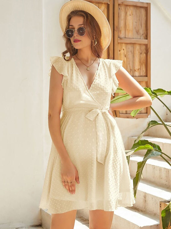 Beaumama robe courte grossesse pois ceinture volants beige