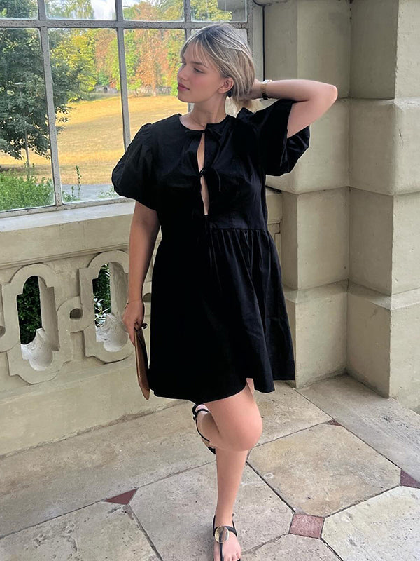 Beaumama robe courte grossesse trapèze nœud papillon noir femme enceinte