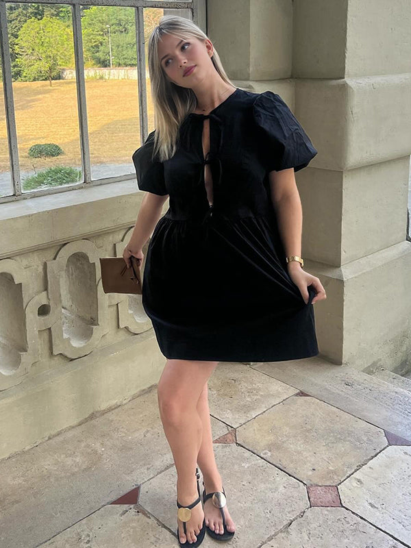 Beaumama robe courte grossesse trapèze nœud papillon noir femme enceinte