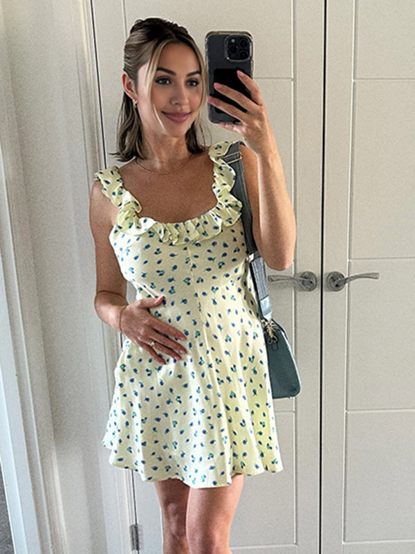 Beaumama robe courte grossesse chic vacances imprimé fleurie volants trapèze jaune femme enceinte