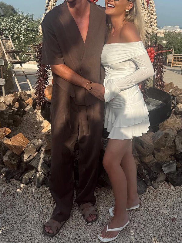 Beaumama robe courte grossesse chic volants épaule dénudée trapèze femme enceinte
