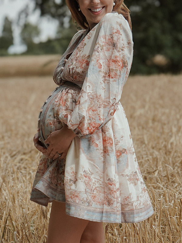 Beaumama robe photo courte grossesse chic vacances imprimé fleurie boutonnage trapèze femme enceinte