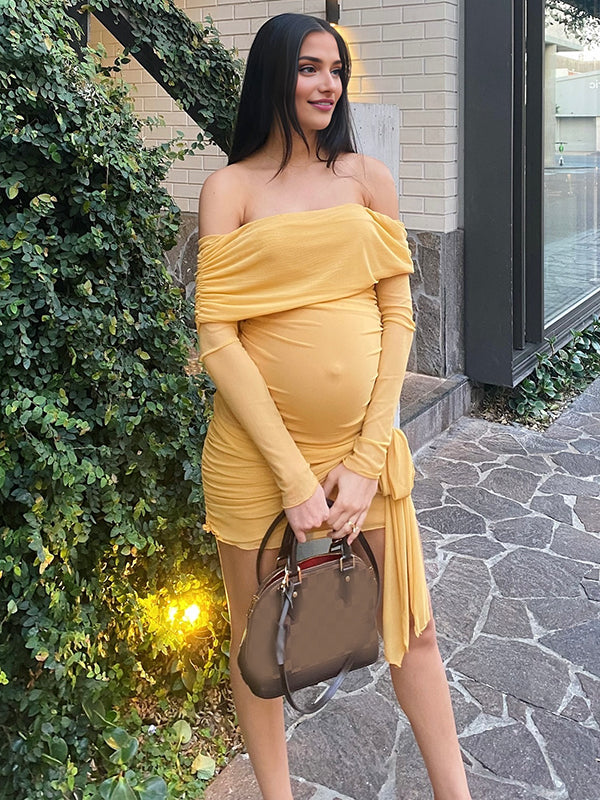 Beaumama robe courte grossesse chic vacances moulante tulle nœud ruban épaule dénudée femme enceinte