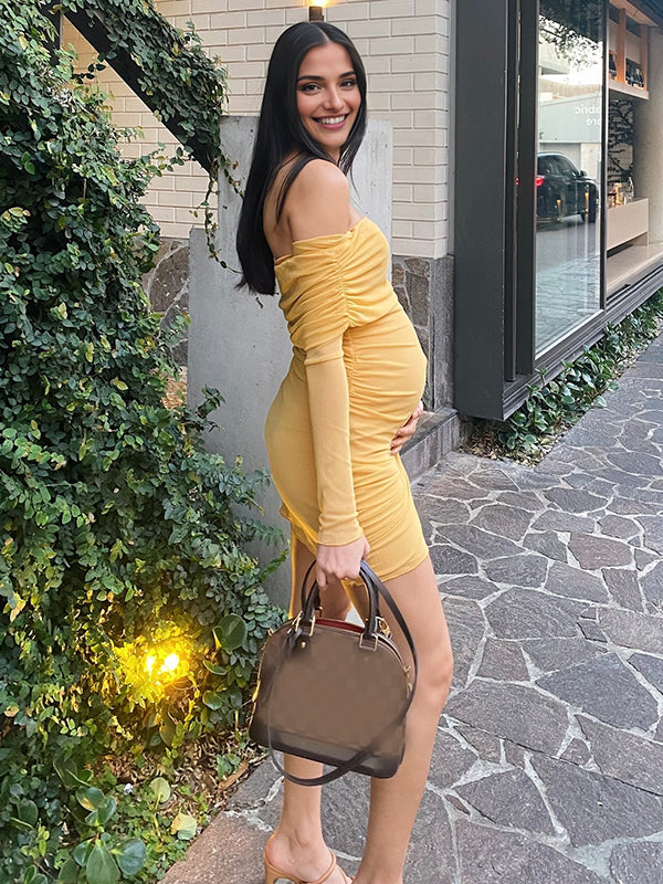 Beaumama robe courte grossesse chic vacances moulante tulle nœud ruban épaule dénudée femme enceinte