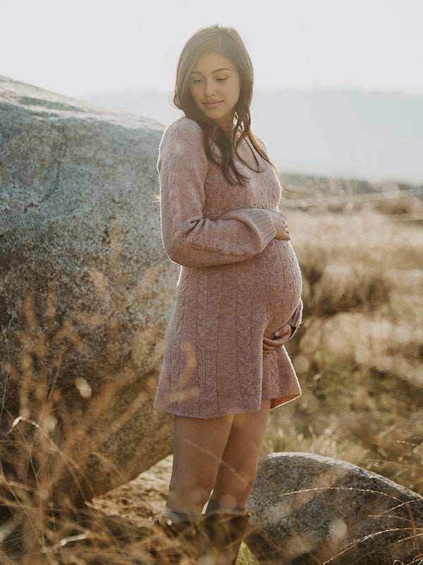 Beaumama robe pull courte grossesse élégant chic tricot torsadé trapèze manchon de lanterne femme enceinte