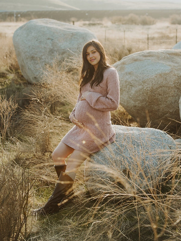 Beaumama robe pull courte grossesse élégant chic tricot torsadé trapèze manchon de lanterne femme enceinte