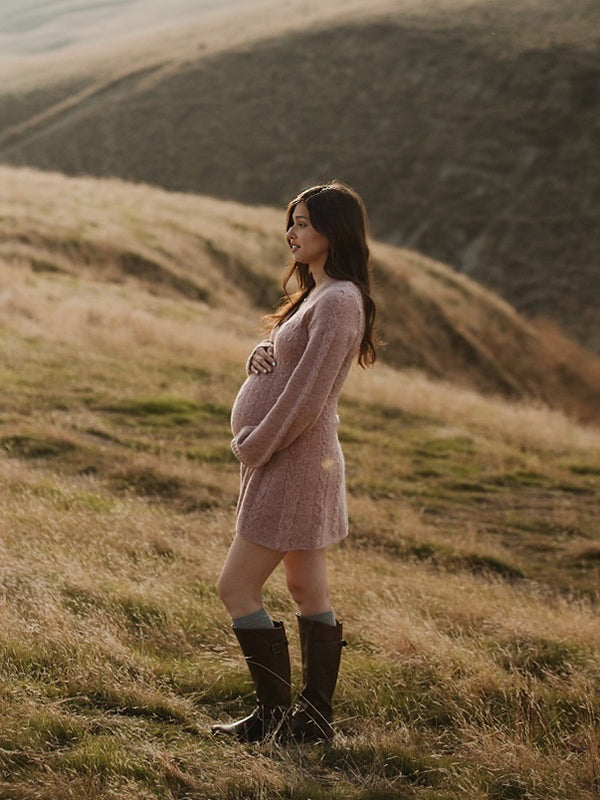 Beaumama robe pull courte grossesse élégant chic tricot torsadé trapèze manchon de lanterne femme enceinte