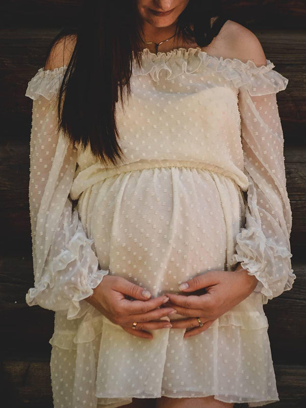 Beaumama robes courte grossesse ruchés froncées col bateau manchon de lanterne élégant femme enceinte
