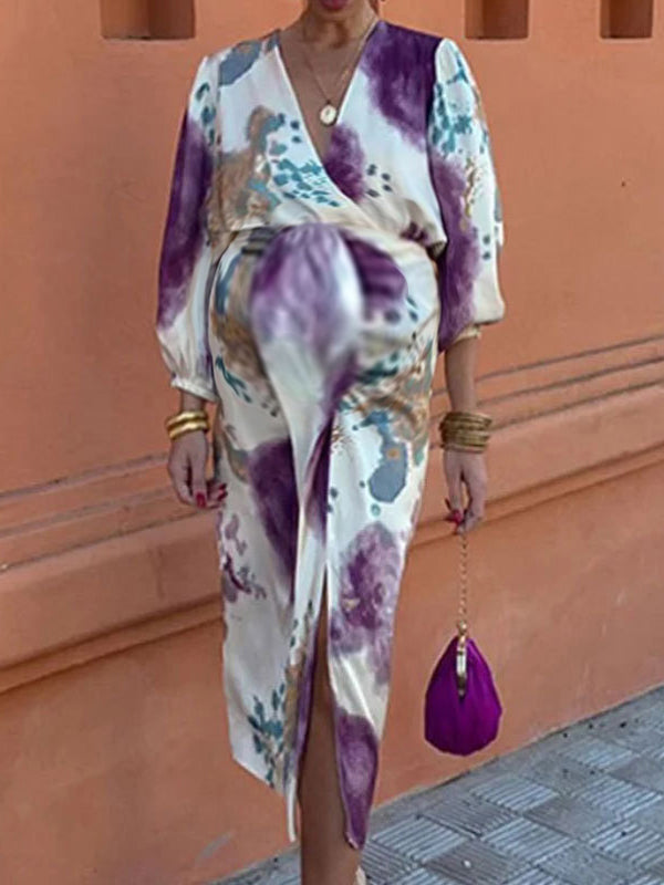 Robes longue grossesse imprimé fleurie costume deux pièces violet