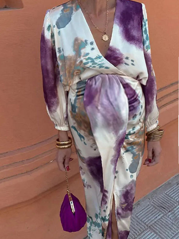 Robes longue grossesse imprimé fleurie costume deux pièces violet