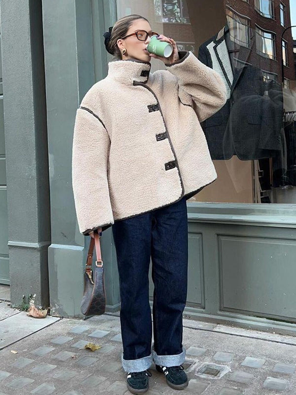 Beaumama manteau teddy bear grossesse casual poilu boutonnage poches couleur bloc manteau d'hiver femme enceinte