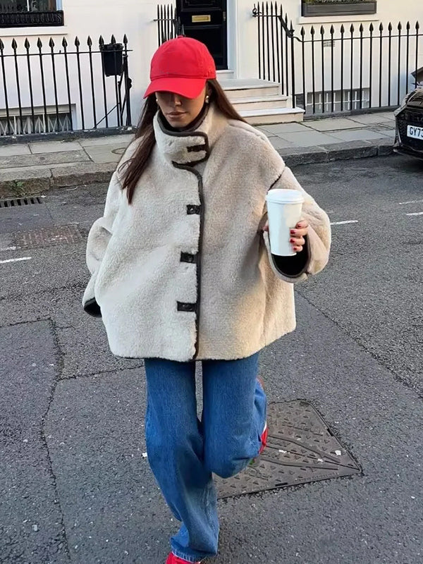 Beaumama manteau teddy bear grossesse casual poilu boutonnage poches couleur bloc manteau d'hiver femme enceinte