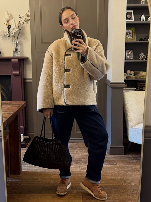 Beaumama manteau teddy bear grossesse casual poilu boutonnage poches couleur bloc manteau d'hiver femme enceinte