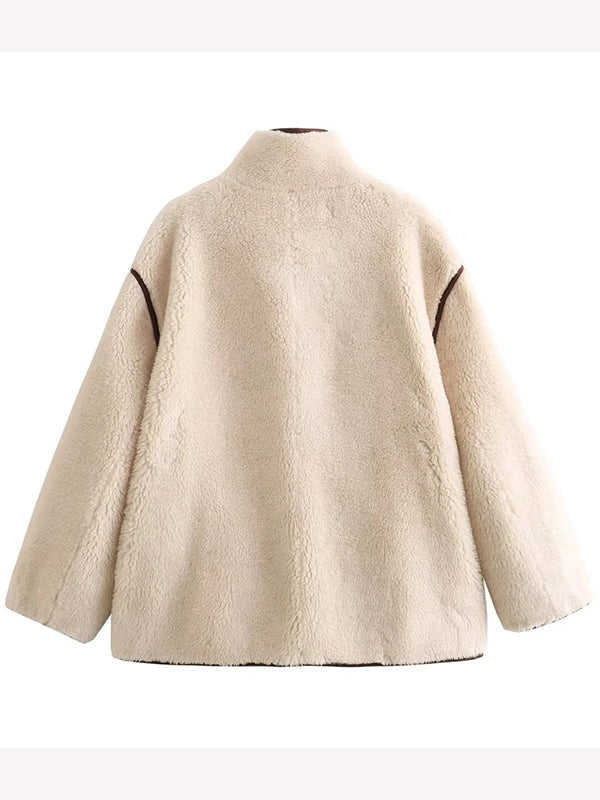 Beaumama manteau teddy bear grossesse casual poilu boutonnage poches couleur bloc manteau d'hiver femme enceinte