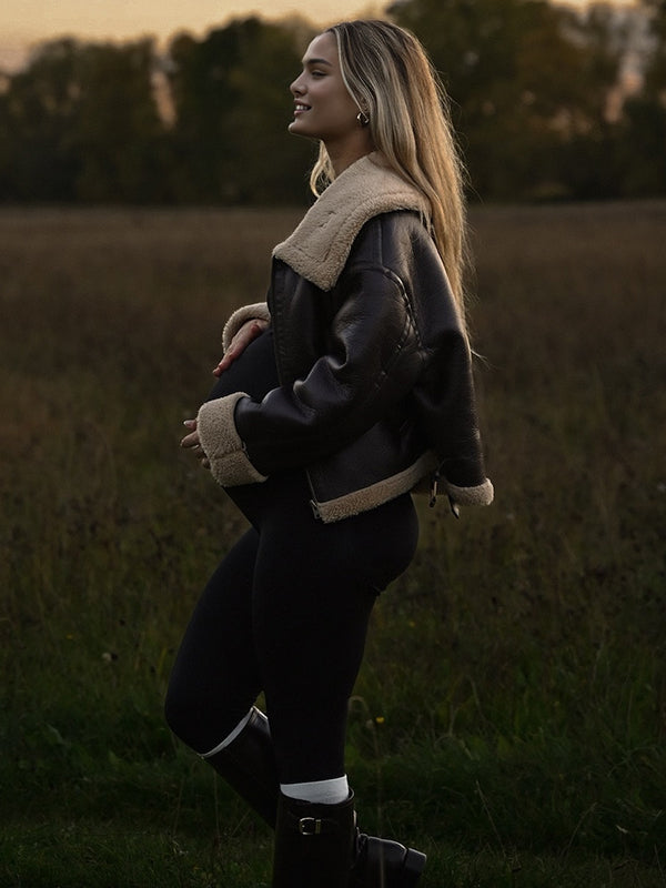 Beaumama vestes simili cuir grossesse casual épissage poilu poches zippé boucle manteau d'hiver femme enceinte