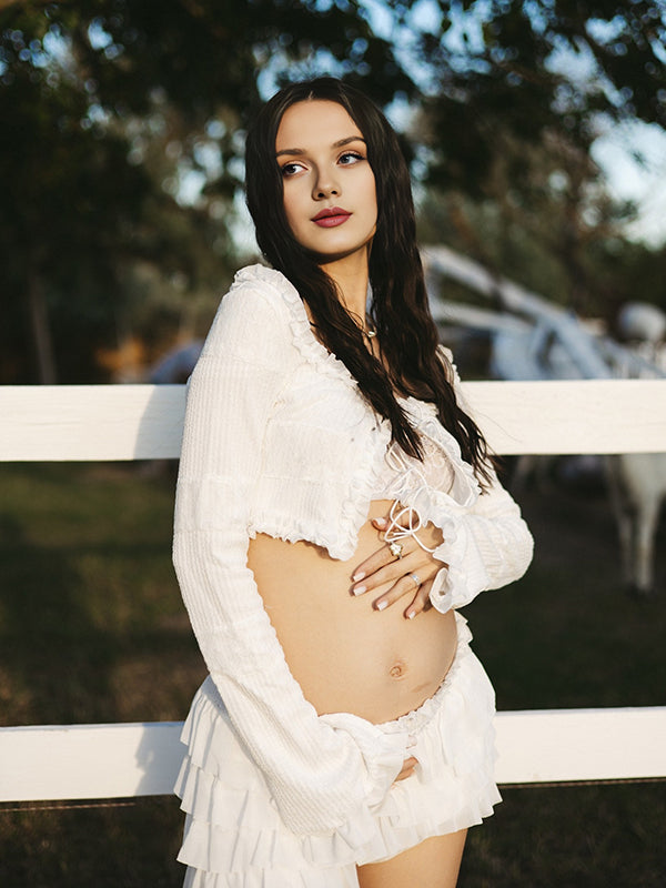 Beaumama gilets en maille jupes grossesse enceinte shooting 2 pièces volants bouffante tutu dentelle crochet tricot femme enceinte