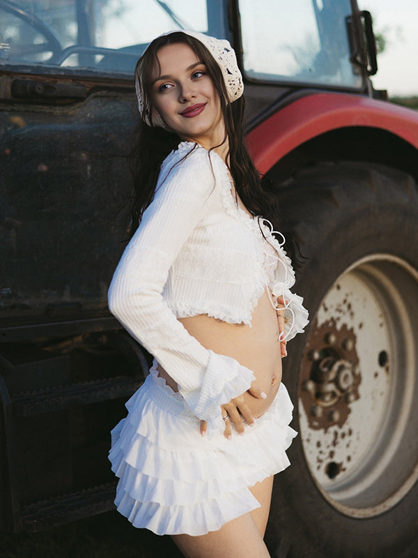 Beaumama gilets en maille jupes grossesse enceinte shooting 2 pièces volants bouffante tutu dentelle crochet tricot femme enceinte