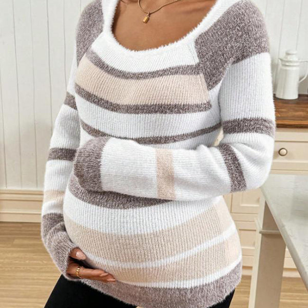 Beaumama pulls grossesse casual crochet tricot rayé couleur bloc moulante poilu femme enceinte