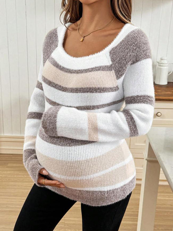 Beaumama pulls grossesse casual crochet tricot rayé couleur bloc moulante poilu femme enceinte