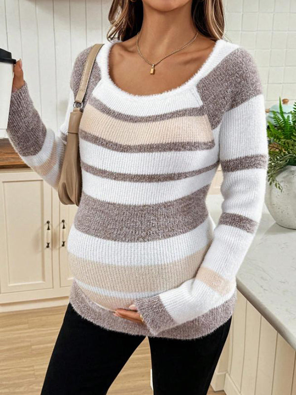 Beaumama pulls grossesse casual crochet tricot rayé couleur bloc moulante poilu femme enceinte