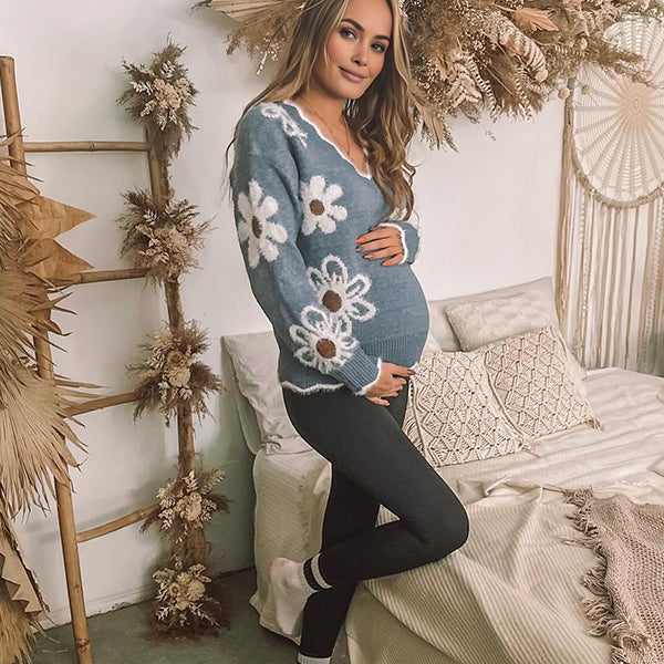 Beaumama pulls grossesse casual crochet tricot imprimé fleurie bord ondulé poilu femme enceinte