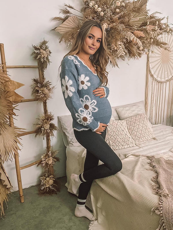 Beaumama pulls grossesse casual crochet tricot imprimé fleurie bord ondulé poilu femme enceinte