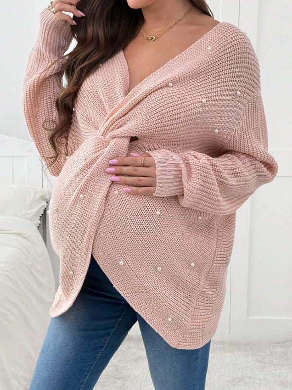 Beaumama pulls grossesse élégant chic perle crochet tricot nœud dos nu irrégulier femme enceinte