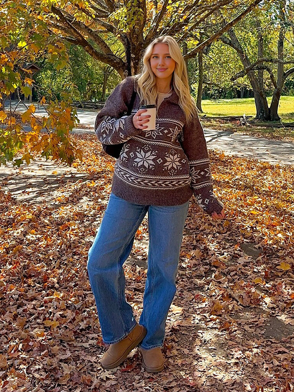 Beaumama pulls grossesse casual imprimé neige zippé crochet tricot femme enceinte