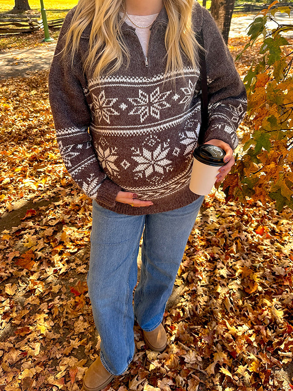 Beaumama pulls grossesse casual imprimé neige zippé crochet tricot femme enceinte