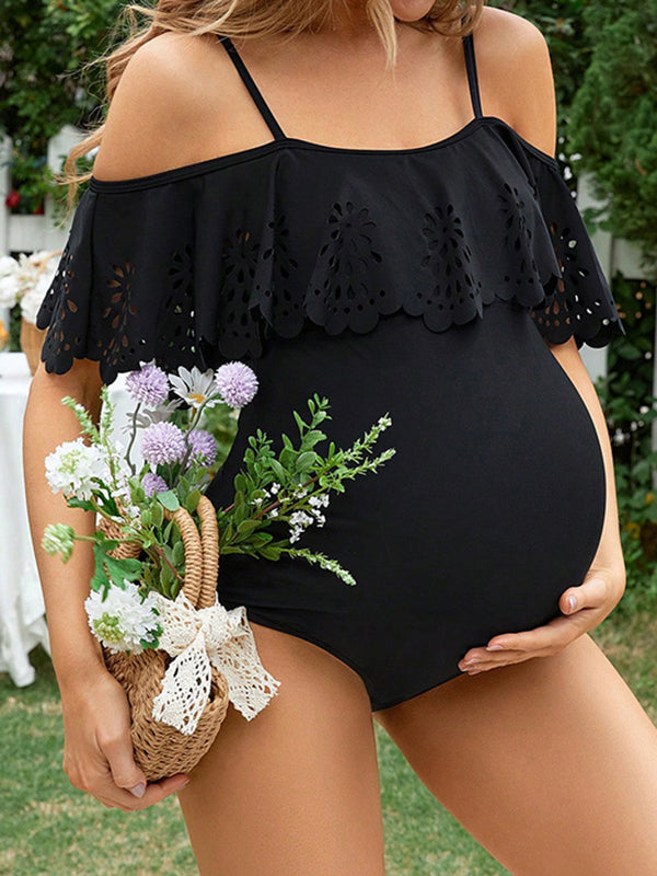 Beaumama maillot de bain une pièce grossesse élégant plage volants découpe spaghettiträger moulante épaule dénudée femme enceinte