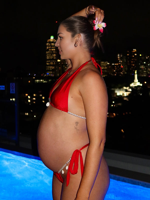 Beaumama maillot de bain deux pièces grossesse plage élégant 2 pièces perle ceinture dos nu femme enceinte