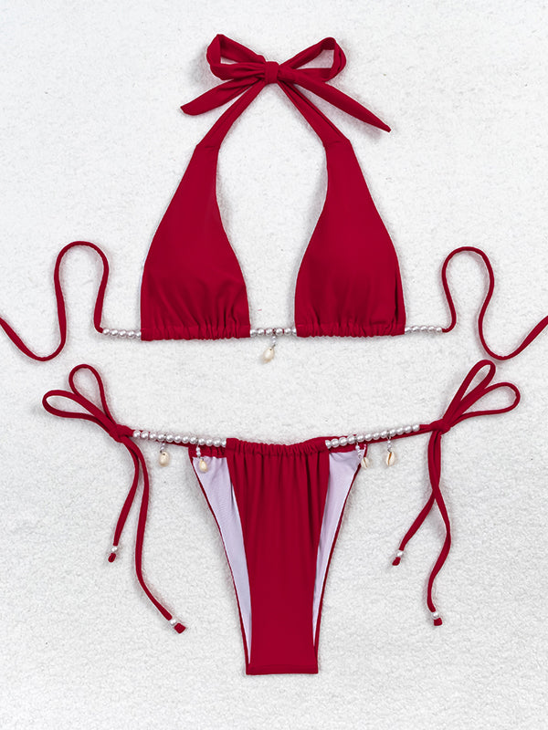 Beaumama maillot de bain deux pièces grossesse plage élégant 2 pièces perle ceinture dos nu femme enceinte