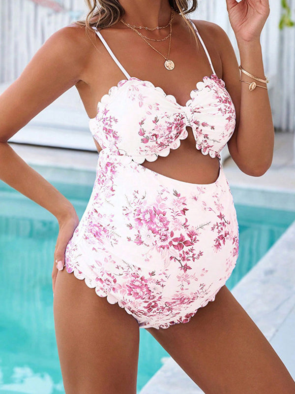 Beaumama maillot de bain une pièce grossesse casual plage imprimé fleurie découpe bord ondulé spaghettiträger femme enceinte