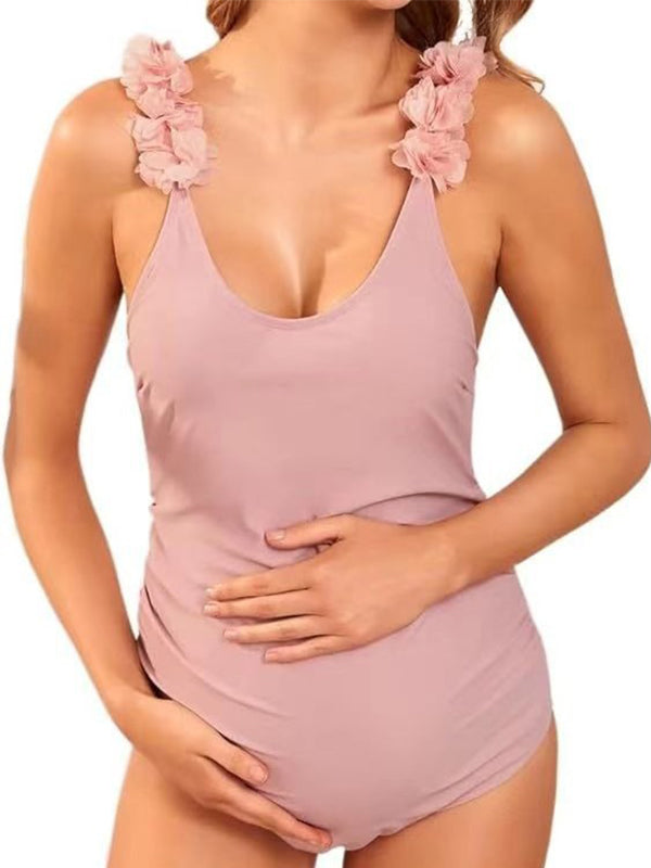 Maillot de bain 1 pièce grossesse fleurs tridimensionnelles-Rose clair