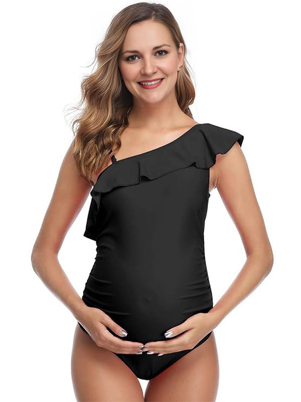 Maillot de bain une pièce grossesse ruchés froncées épaule dénudée noir