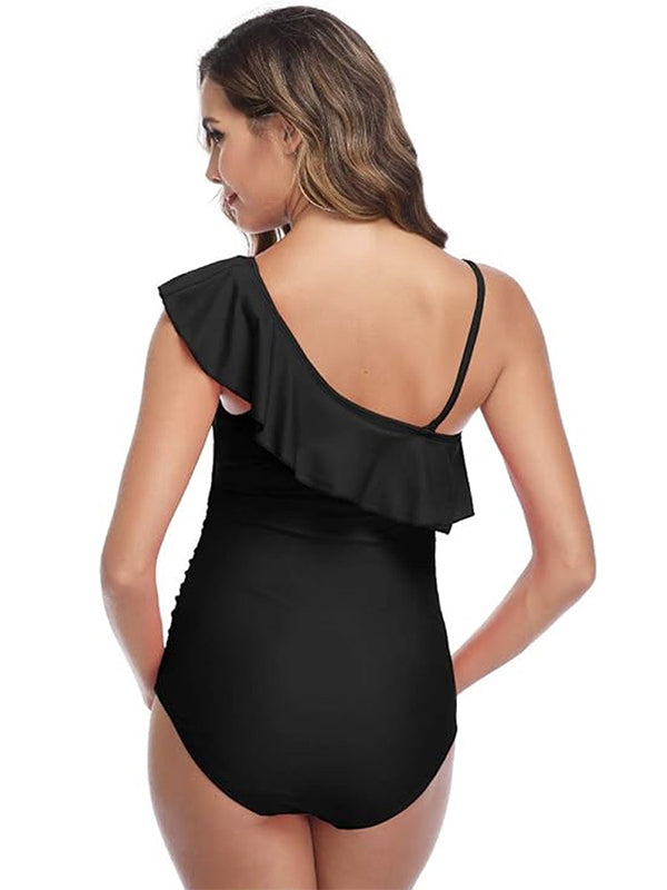 Maillot de bain une pièce grossesse ruchés froncées épaule dénudée noir
