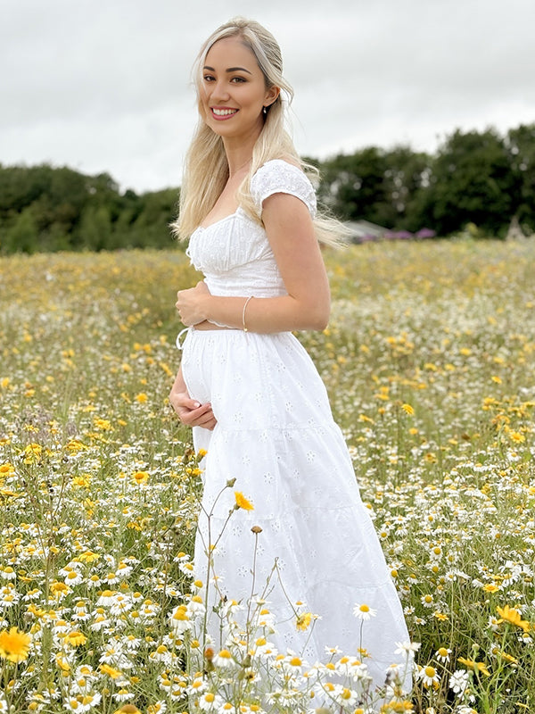 Beaumama courtes t-shirts grossesse vacances chic broderie anglaise coulisse taille volants femme enceinte