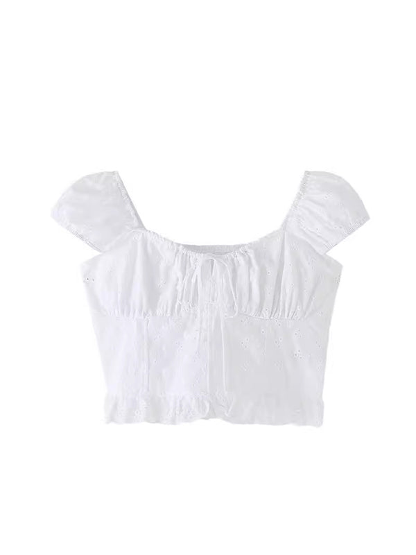 Beaumama courtes t-shirts grossesse vacances chic broderie anglaise coulisse taille volants femme enceinte