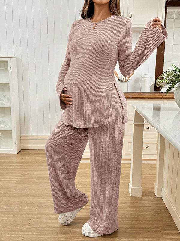 Beaumama t-shirts pantalons grossesse casual 2 pièces fendu le côté rayé femme enceinte