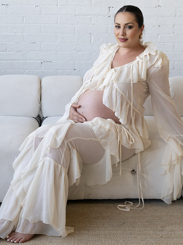 Beaumama blouse pantalon grossesse enceinte shooting 2 pièces volants mousseline femme enceinte