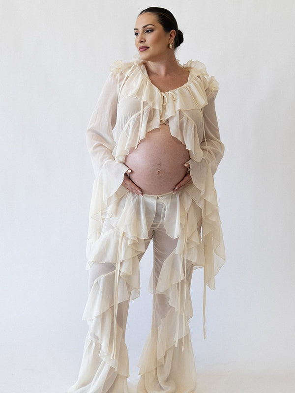 Beaumama blouse pantalon grossesse enceinte shooting 2 pièces volants mousseline femme enceinte